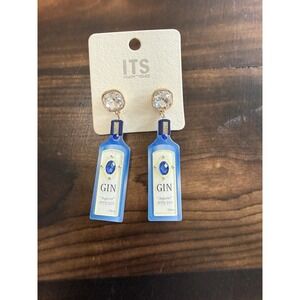 ITS Sense Blue Gin Bottle Dangle Earrings Frosted Acrylic Rhinestone Stud New